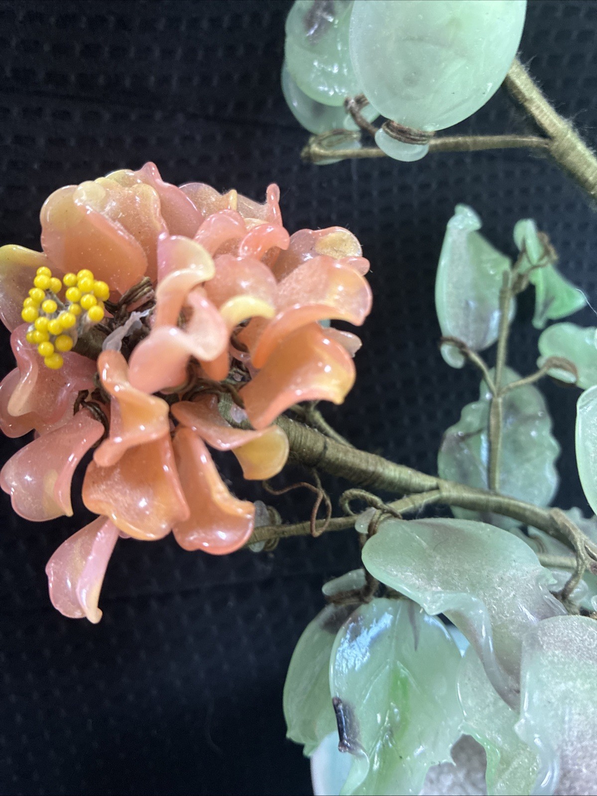 CHINESE ANTIQUE JADE BONSAI TREE MULTI COLOR FLOWER BLOSSOMS VTG GLASS FLOWERS