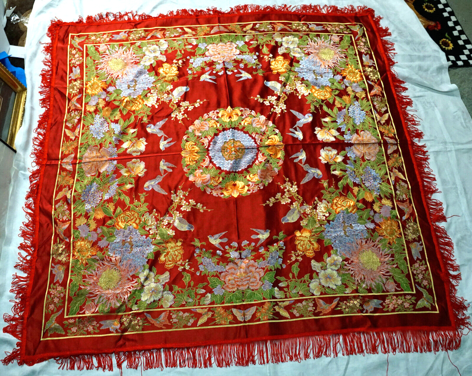 Vintage Silk Brocaded Flowers China Tapestry or Table Cloth Vivid Colors