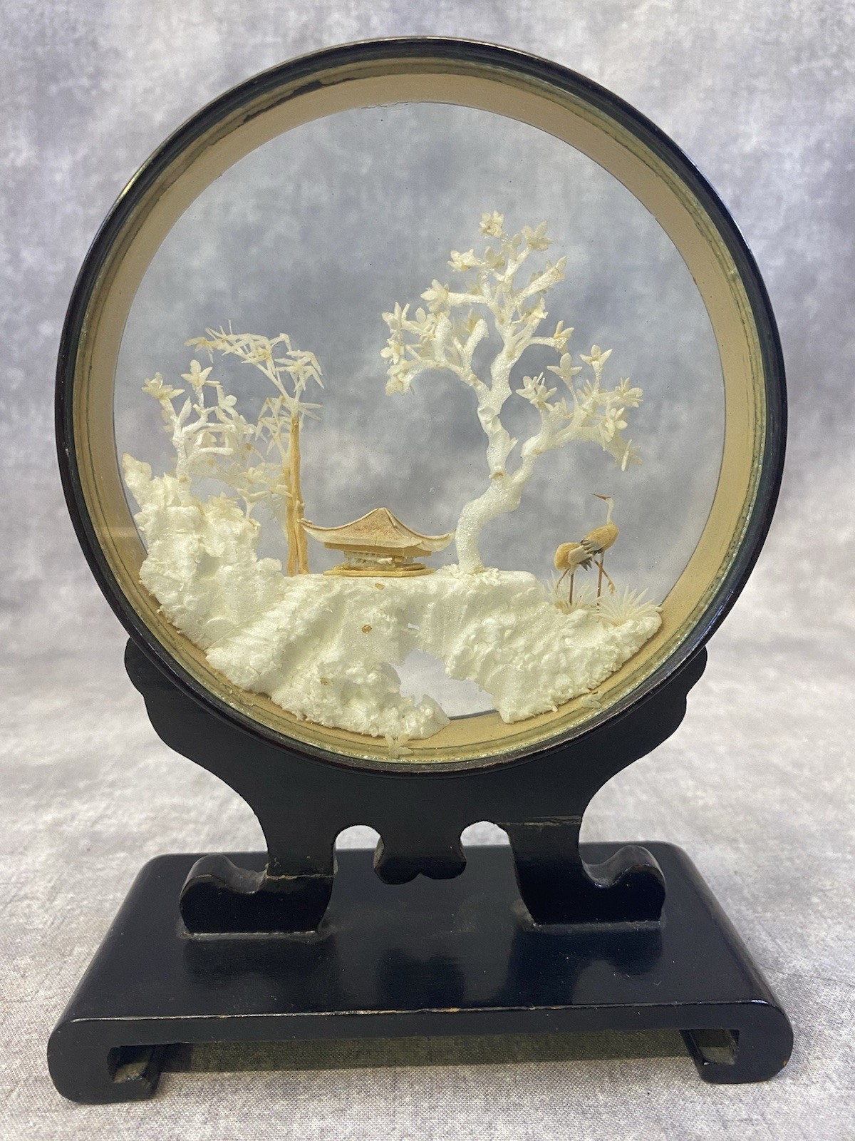Chinese Cork Sculpture 4.5″ Round in Black Lacquered Frame Storks Pagoda decor