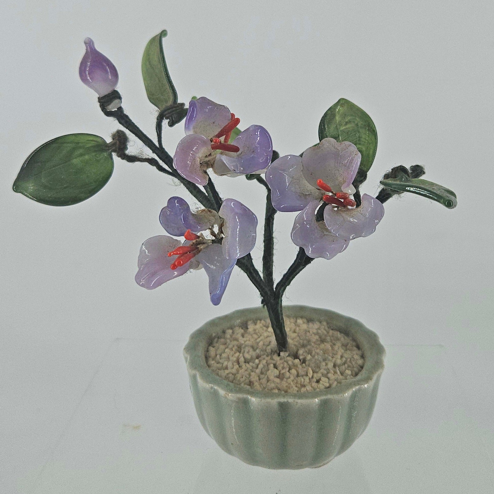 Vintage Jade Glass Bonsai Tree purple Flower Quartz Celadon Pot small 5″