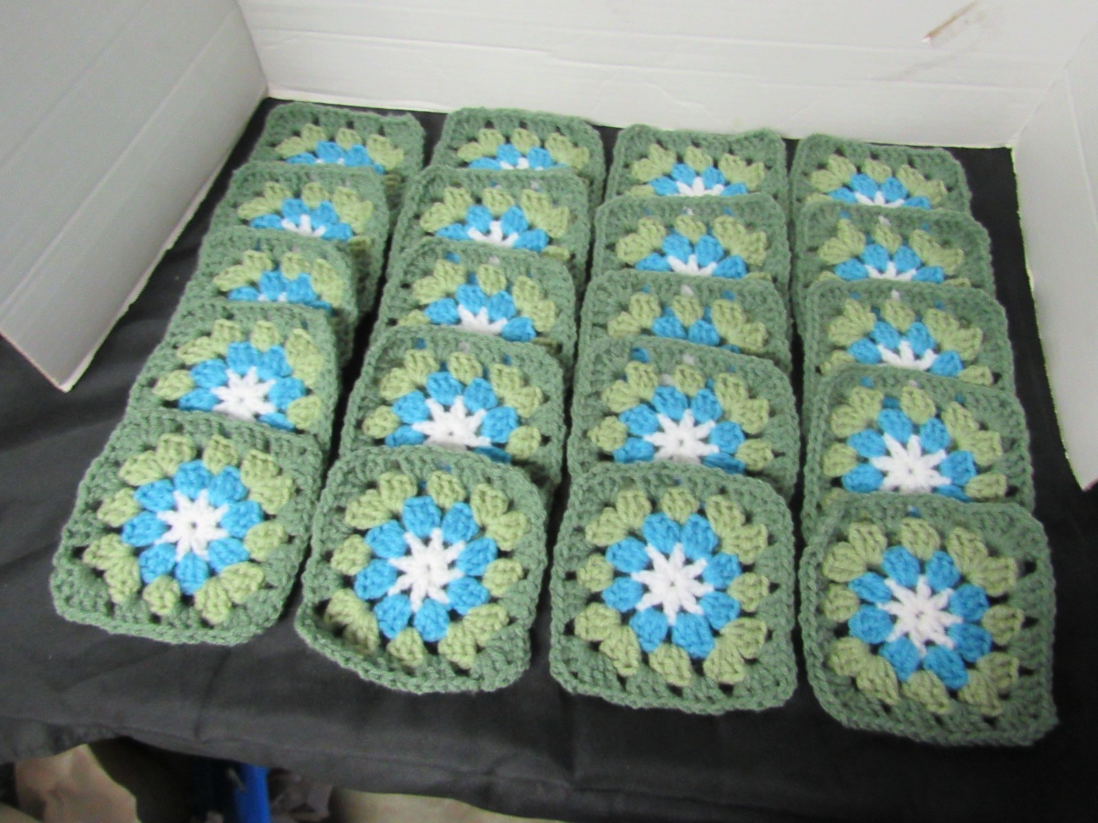 Lot of 20 5” Crochet Granny Squares, Floral, White, Turqua, 2 Shades of Green
