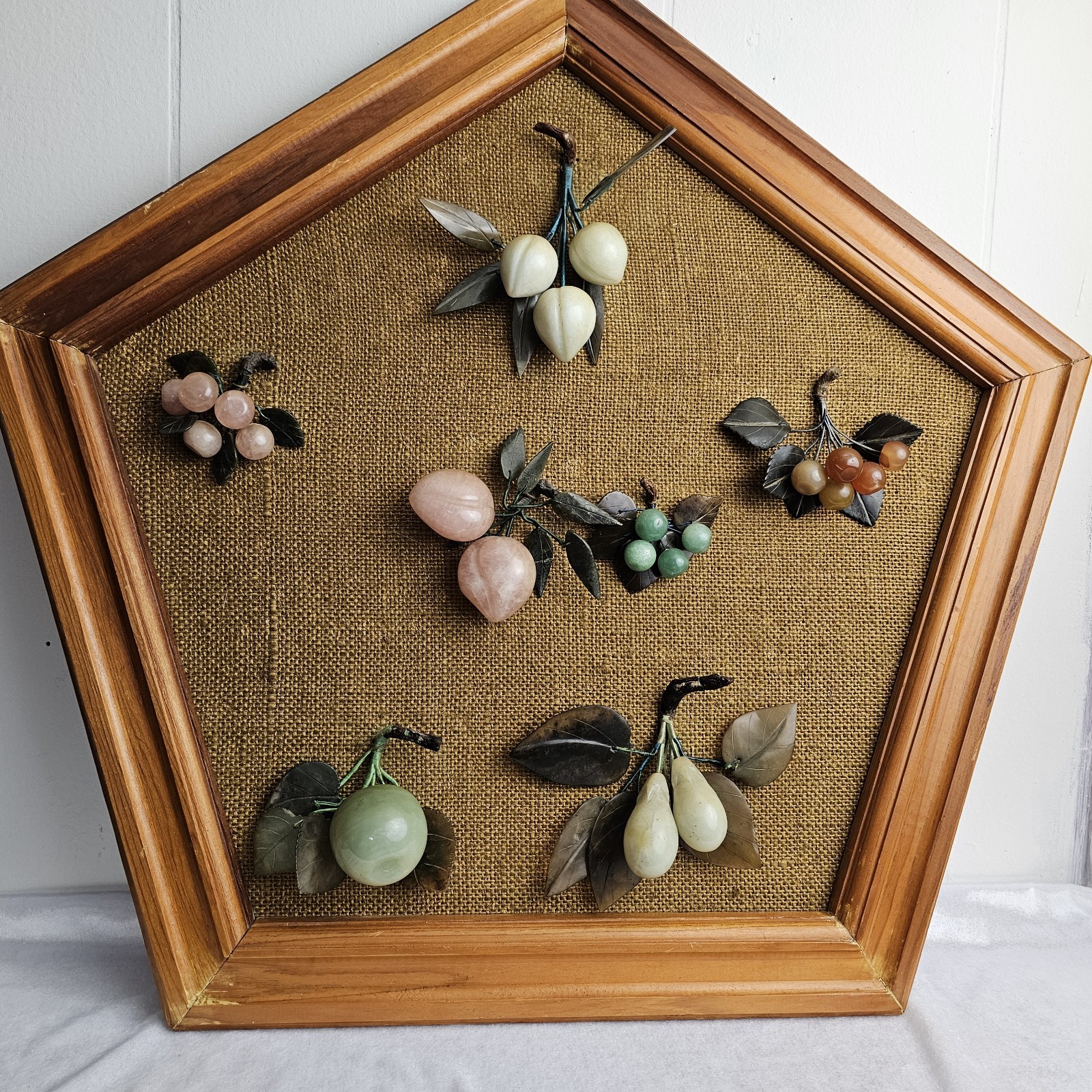 Vtg Chinese Jade Rose Quartz Carnelian Fruit Frame Cherry Pear Peach Wall Art