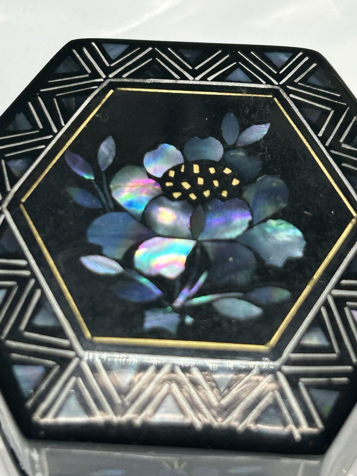 Vintage Hexagonal Mother of Pearl Inlay Lacquer Box Floral Geometric