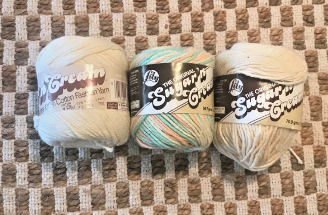Sugar ‘n Cream Cotton Yarn Lot of 3 Skeins (2) Cream (1) Pastel Delights