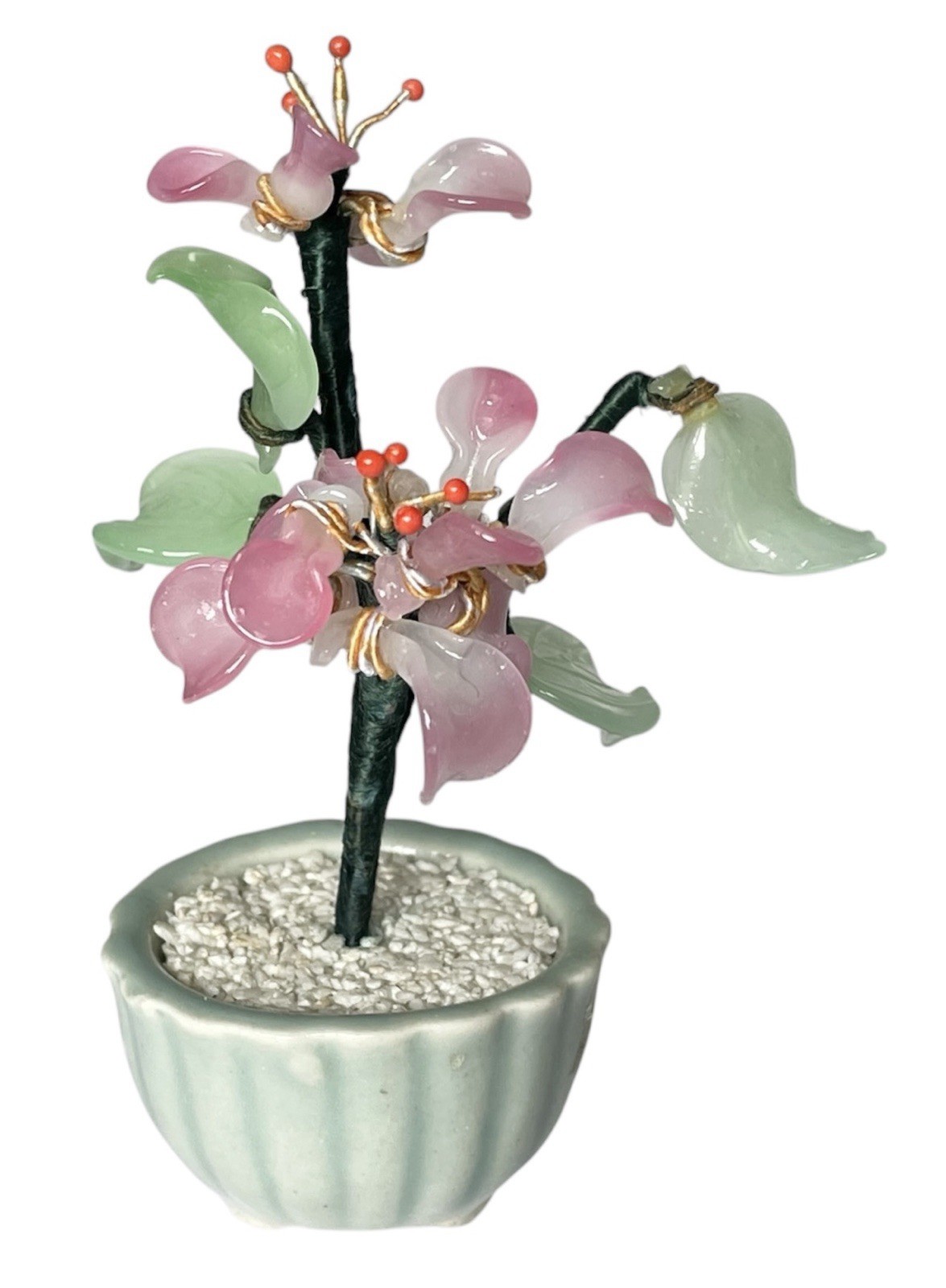 Lot of 3 Vintage Mini Jade Glass Flower Bonsai Tree Celadon Green Pot 3”