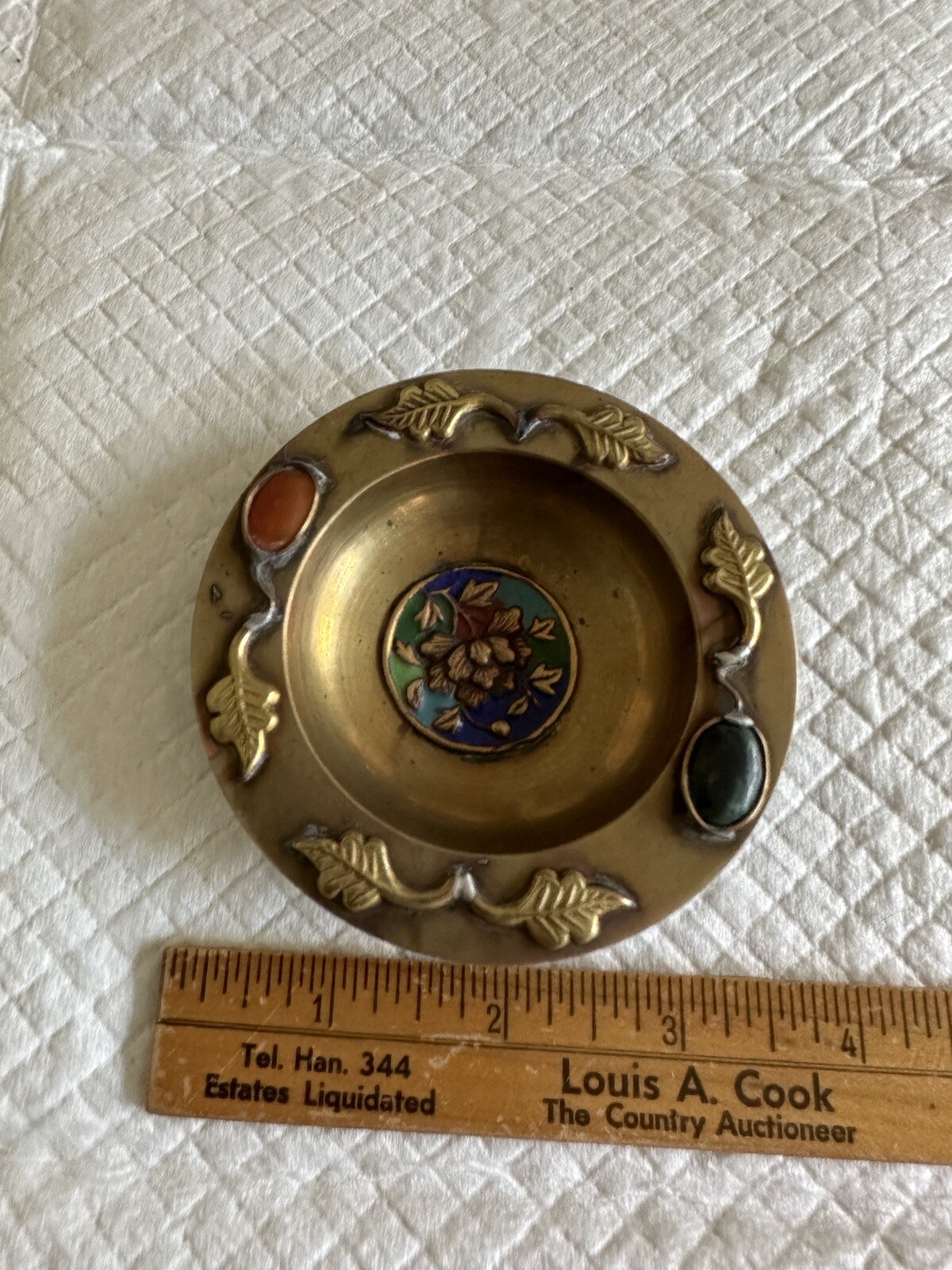 Antique Chinese 3 1/2″ Brass Trinket Dish Ashtray 2 Embedded Jewels Enamel Paint