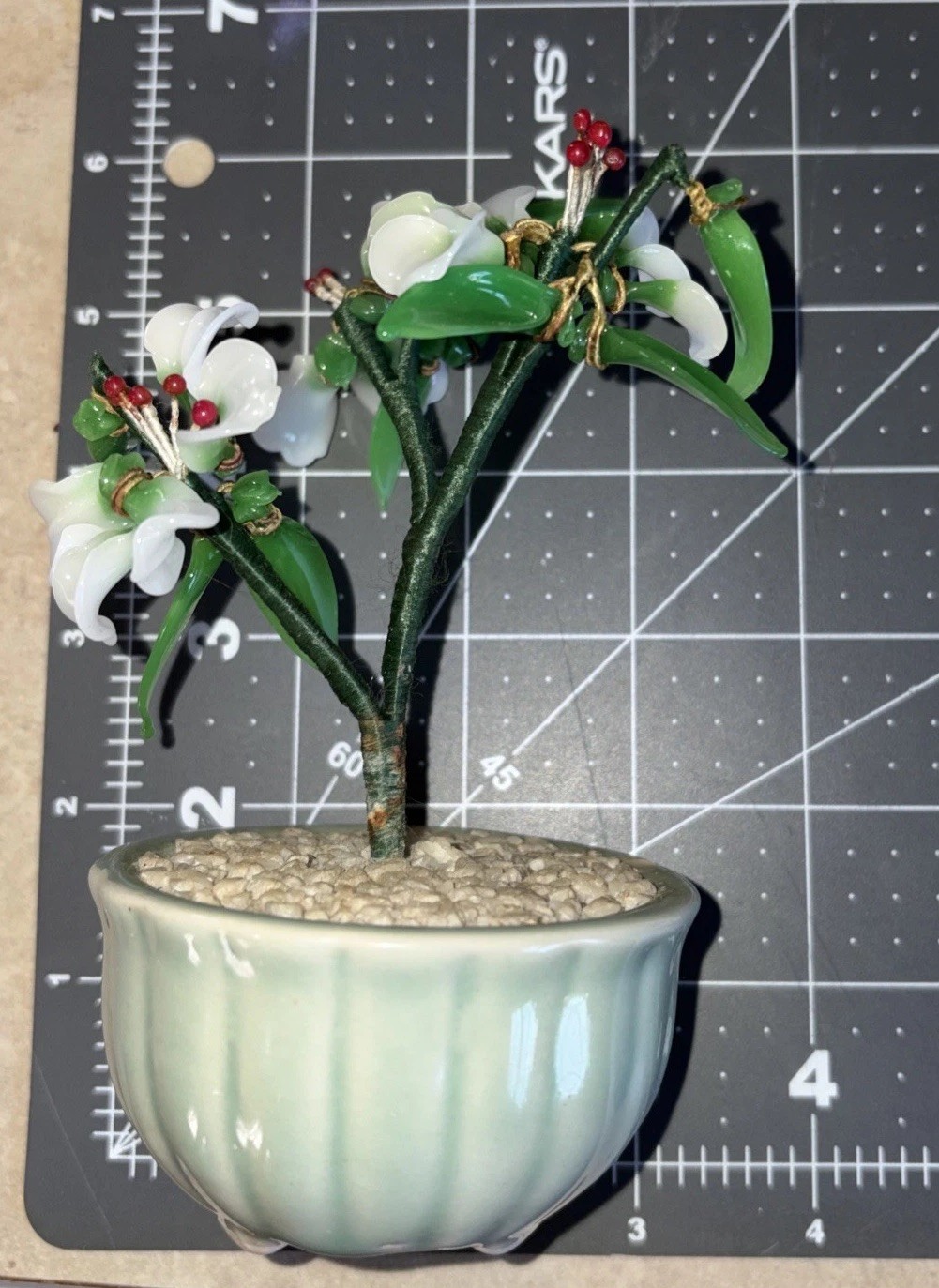 Vintage Mini Jade Glass Flower Bonsai Tree Celadon Green Pot 5”