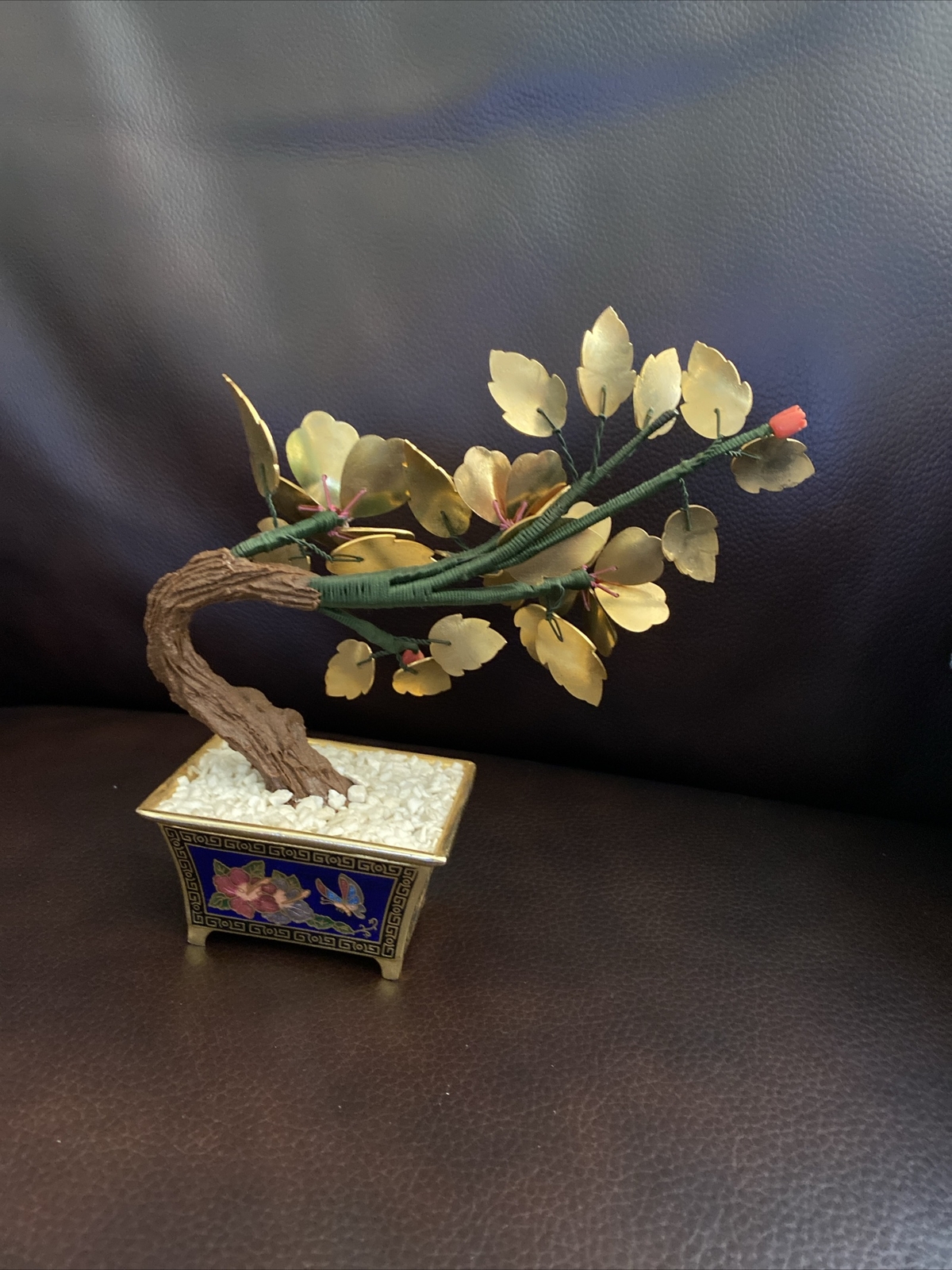 VINTAGE CHINESE GUILLOCHE ENAMEL BONSAI TREE & FLOWERS w/ CORAL CLOISONNE POT