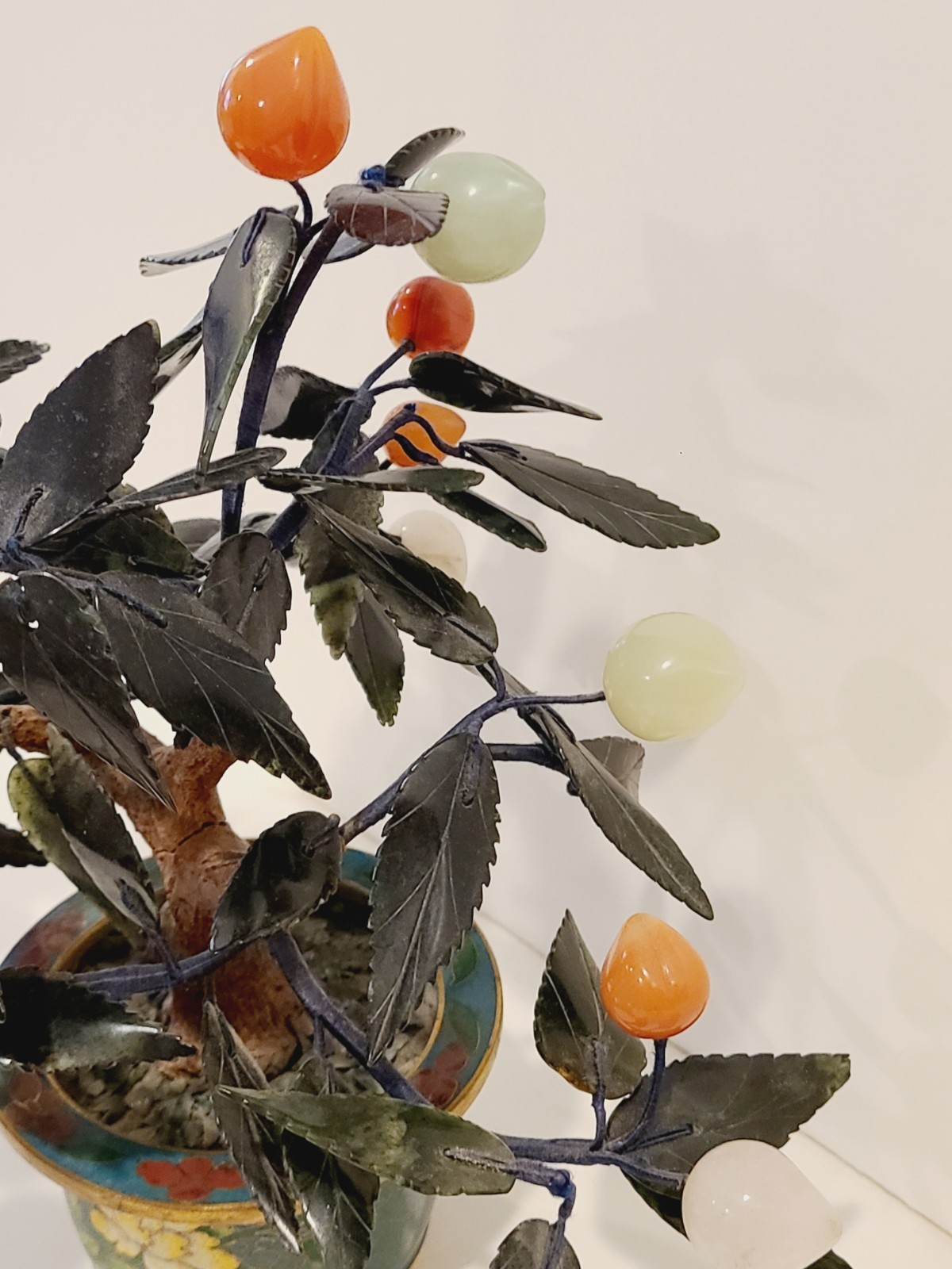 Jade Stone Bonsai Tree Cloisonne Pot Jade Quartz Peaches Cherries