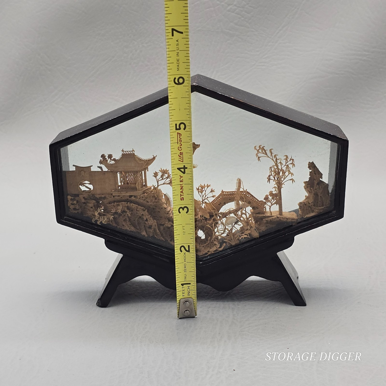 VTG Chinese Hand Carved Cork & Wood Diorama In Hexagon Glass & Wood Display