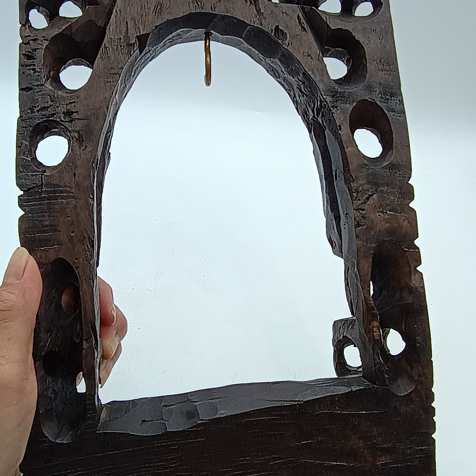 Vintage Chinese Wood Hand Carved Frame Holder With Brass Bell Dragon