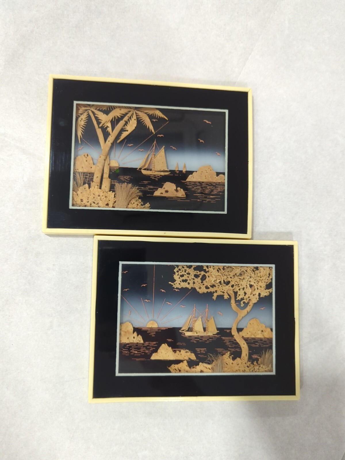 Set of 2 Stunning Vintage Carved Cork Seascape Ship 3D Shadow Box Diorama Framed