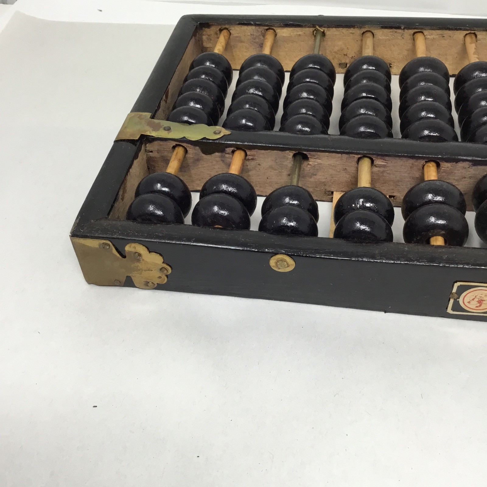 Vintage Chinese Abacus Wood & Brass Lotus Flower Brand Calculator 11 Row 77 Bead