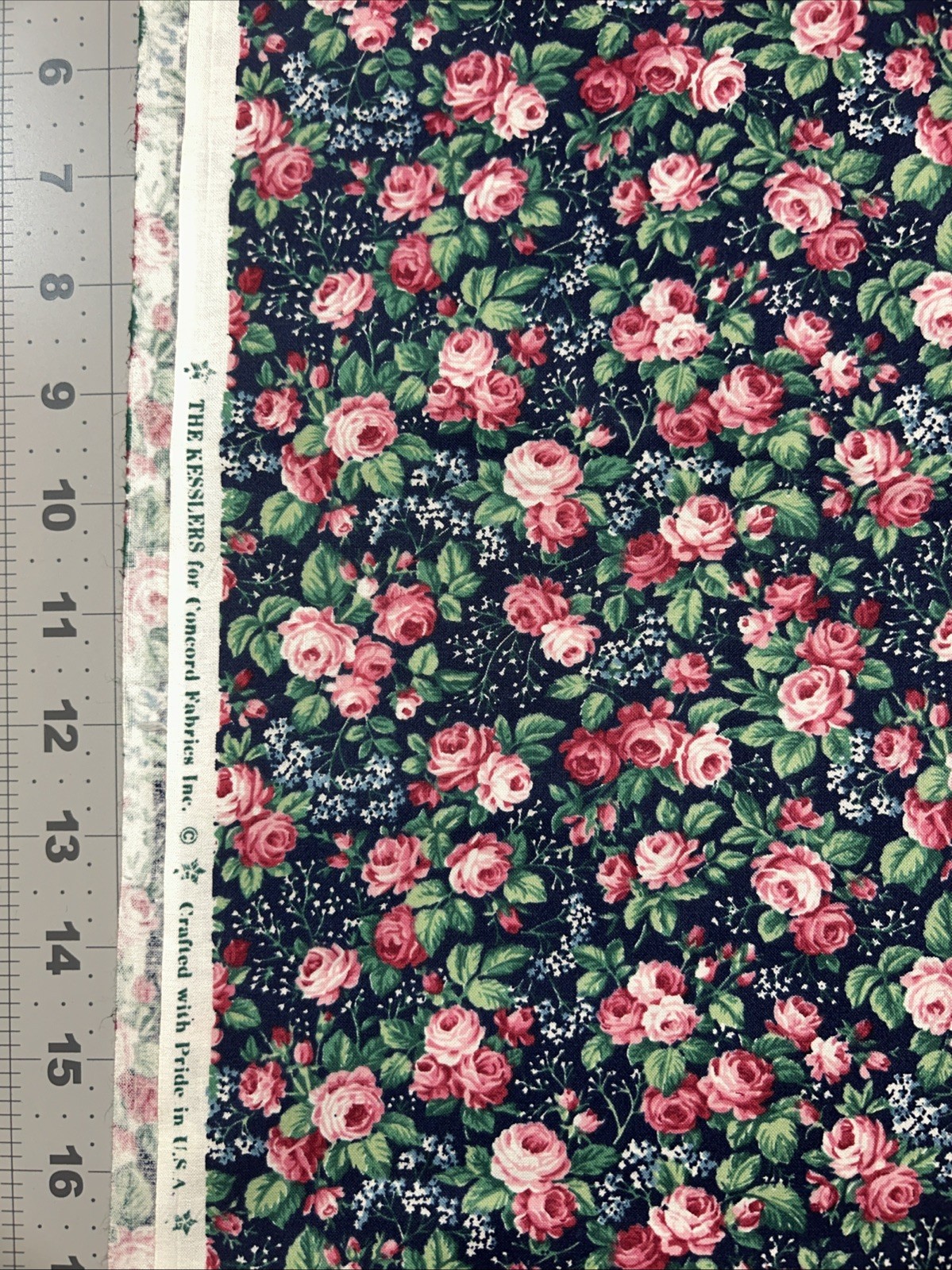 Pink Roses On Blue The Kesslers For Concord Cotton Fabric 1/2 Yard (18 By 44”)
