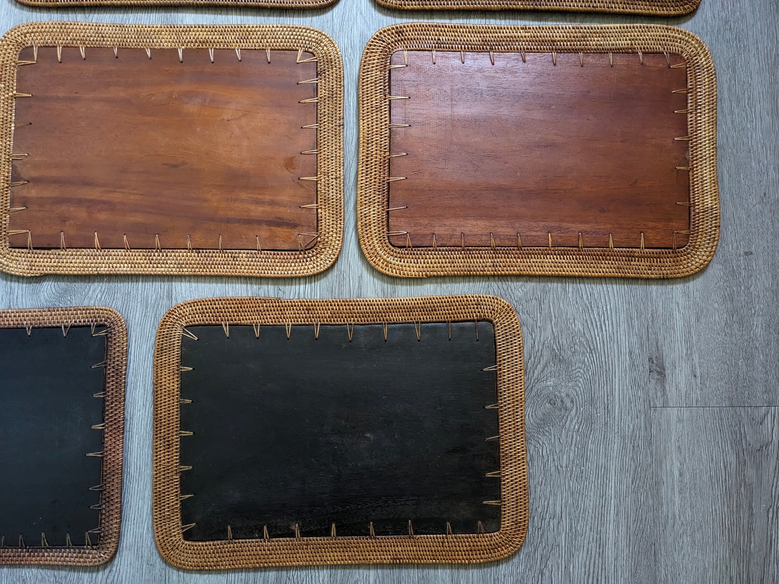 Vintage Mid Century Rattan Wood Placemats Shell Inlay Chinese Coin Boho Set of 8