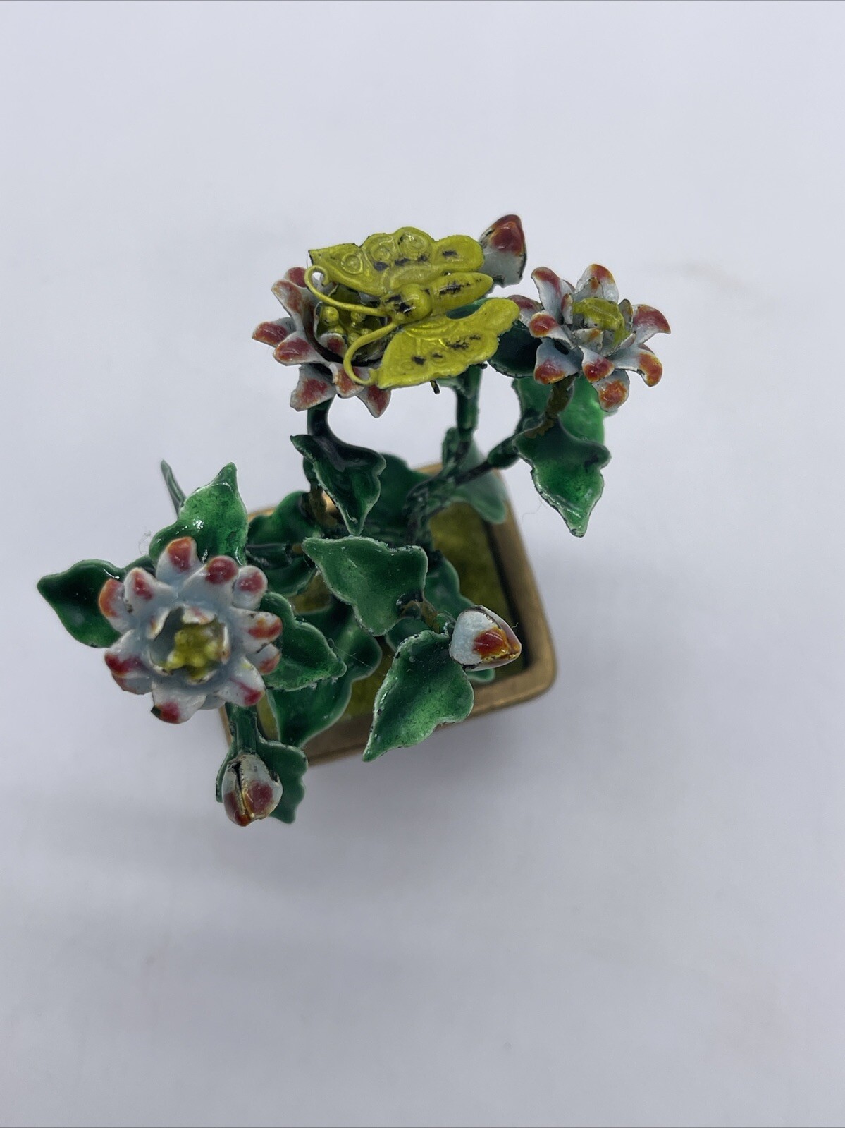 VINTAGE CHINESE METAL GUILLOCHE ENAMEL BONSAI TREE & FLOWERS with CLOISONNE POT
