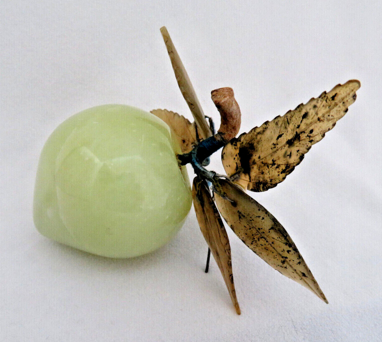 Vintage Chinese Green Jade Gemstone Plum Fruit & Leaves Sculpture