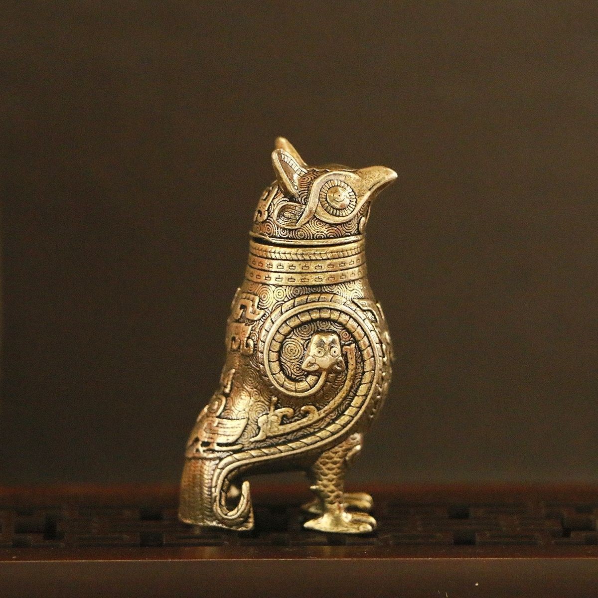 Brass Fu Hao Owl Zun 5.2cm Antique Craft Desktop Ornament Copper Art