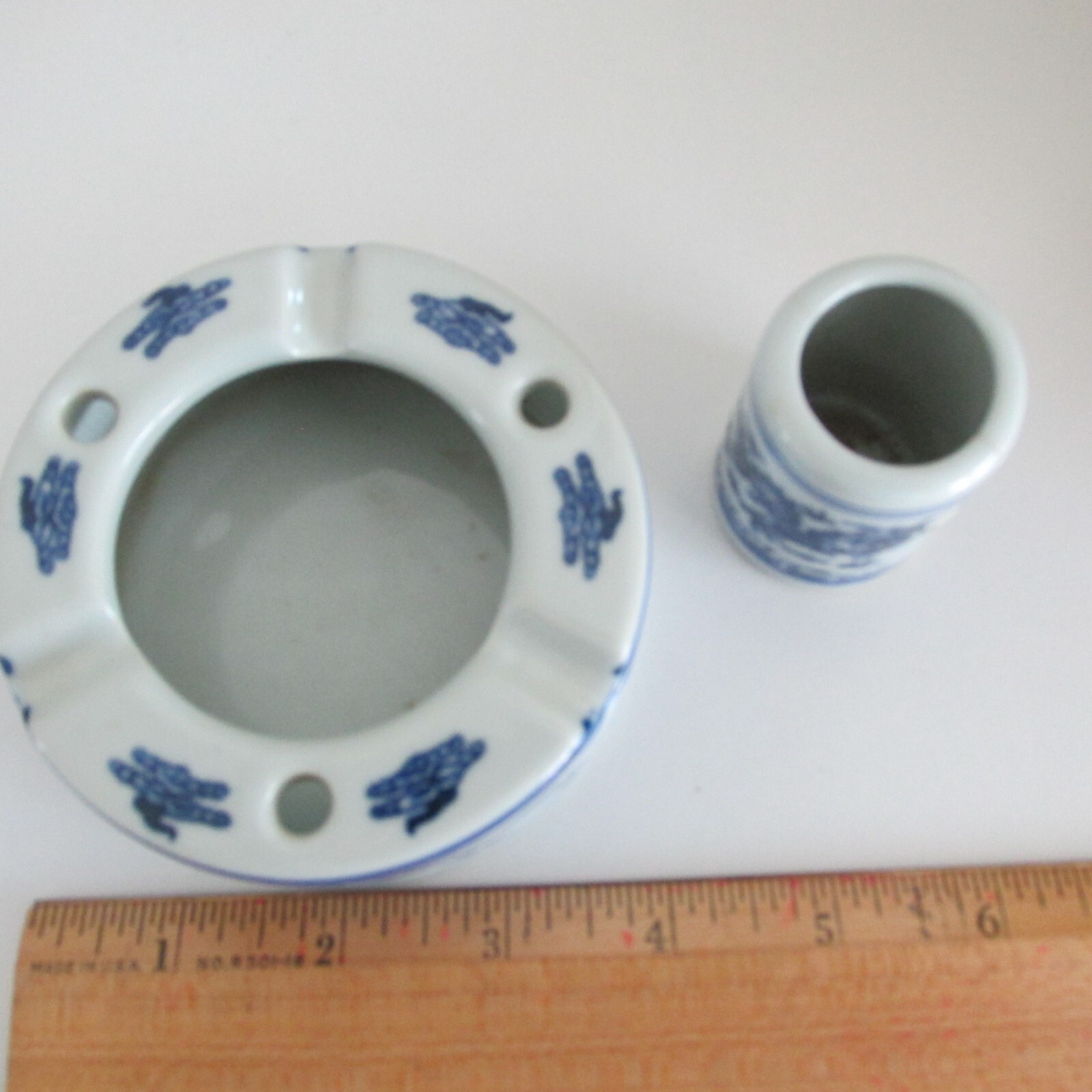 Chinese Jingdezhen Blue & White Porcelain 3 Way Ash Tray + BonusToothpick Holder