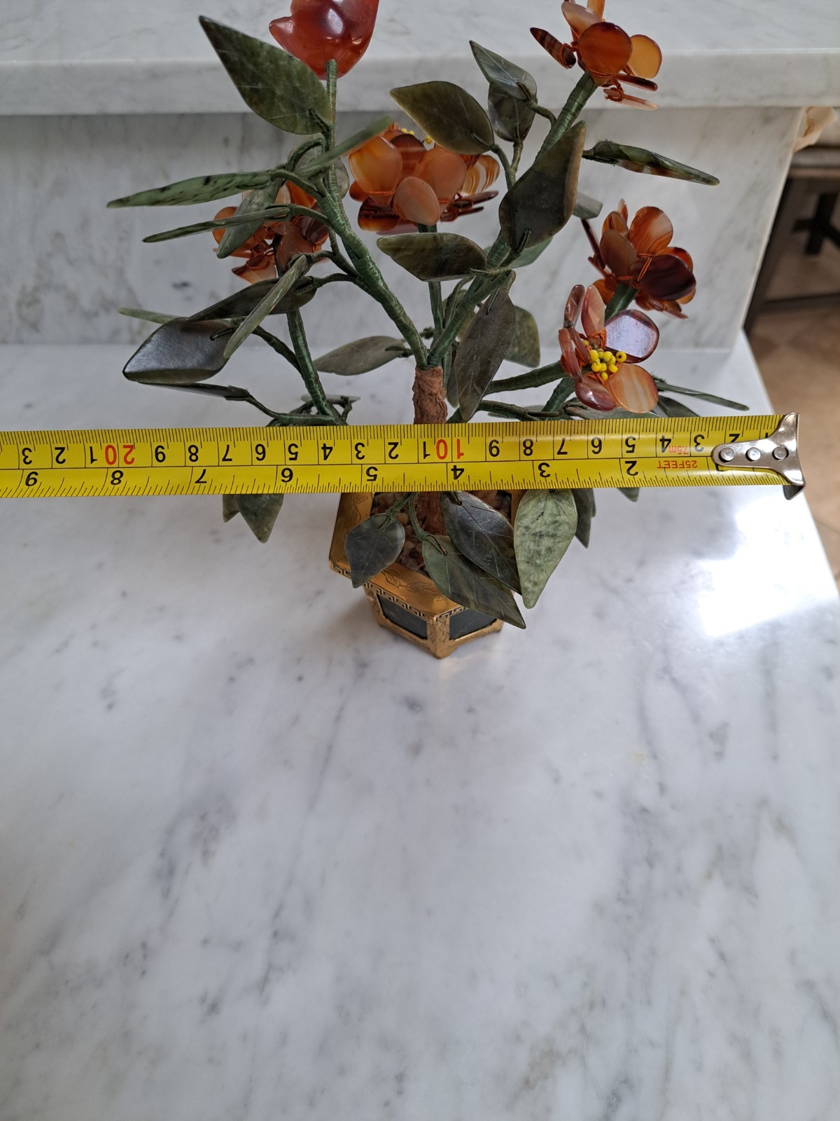 Vintage! Jade gemstone potted flowers With Brass Pot And Jade Decor.