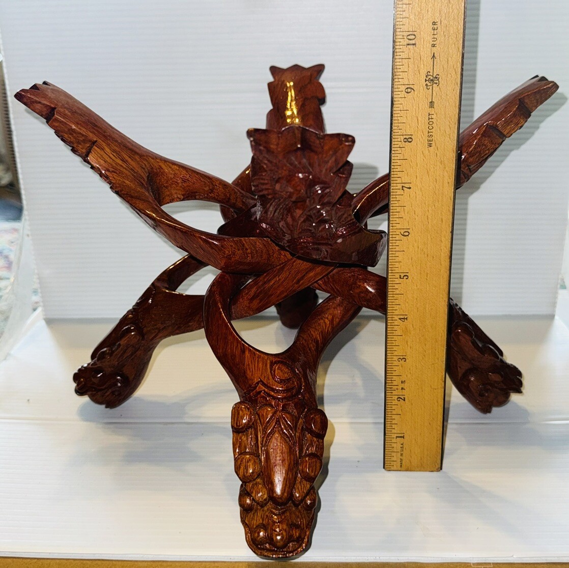 Carved Wooden Collapsing Dragon Bowl/ Planter Stand 9.5”tall, 12” Wide 15.5” L