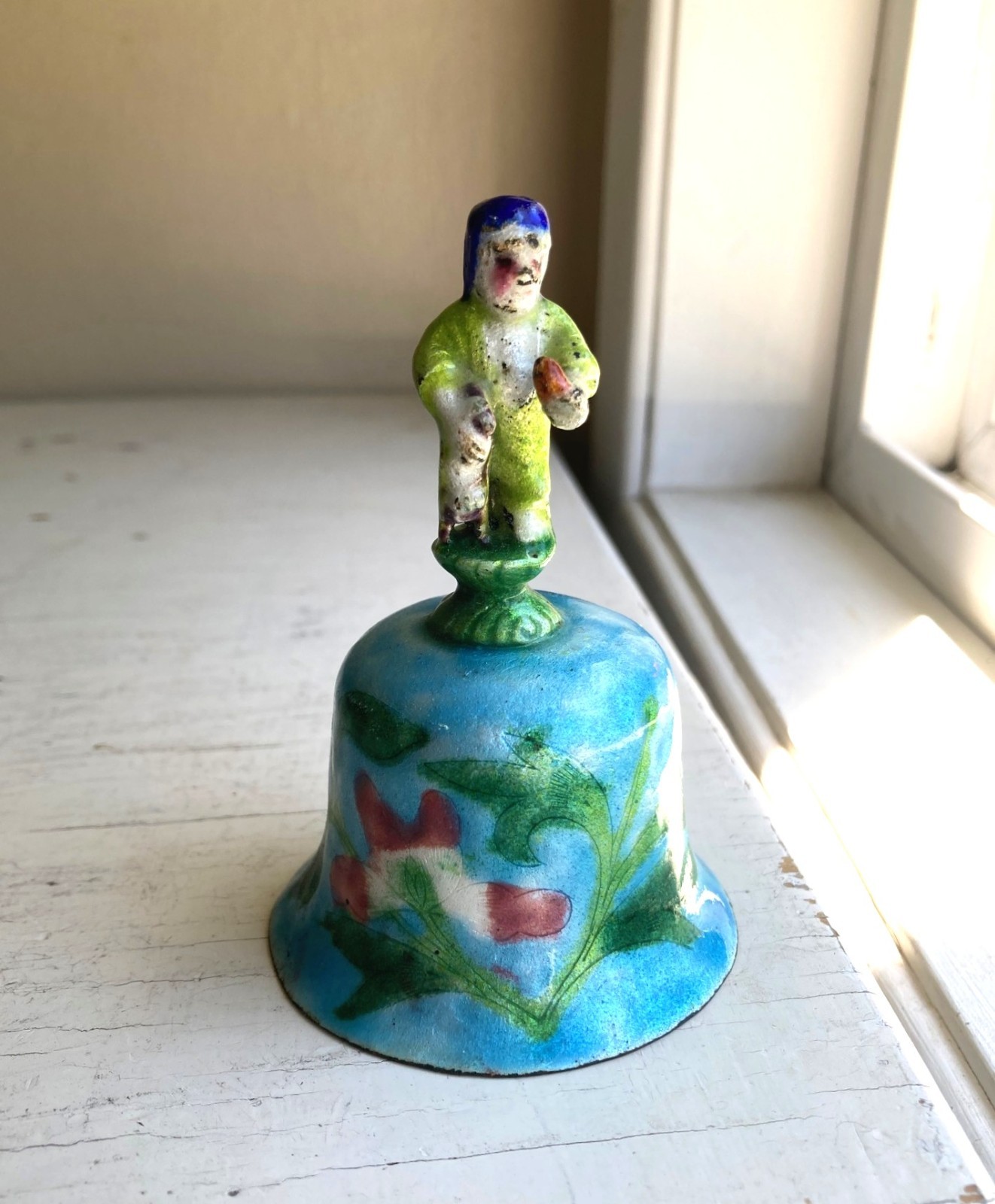 Enamelled Metal Chinese Bell Immortal Figure on Top Floral Blue Green Pink 4 in