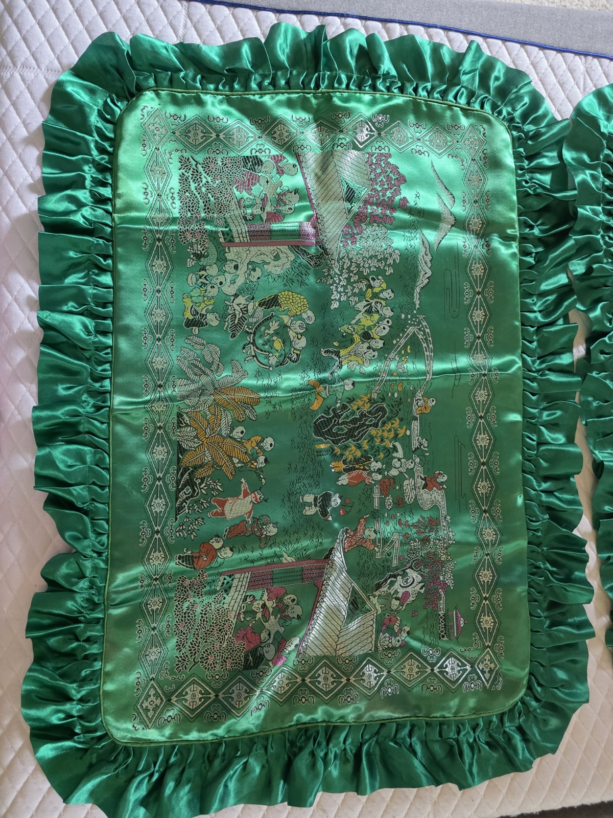 pair of Vintage Asian Silk Oriental Brocade pillow covers Children Playing