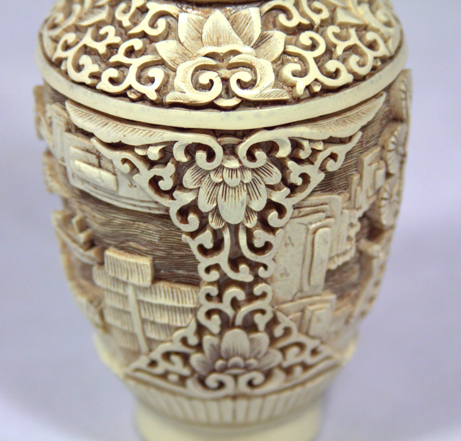 Exquisite “Hand Carved White Chinese Cinnabar Vase” (6.5″ High x 3.25″ Diameter)