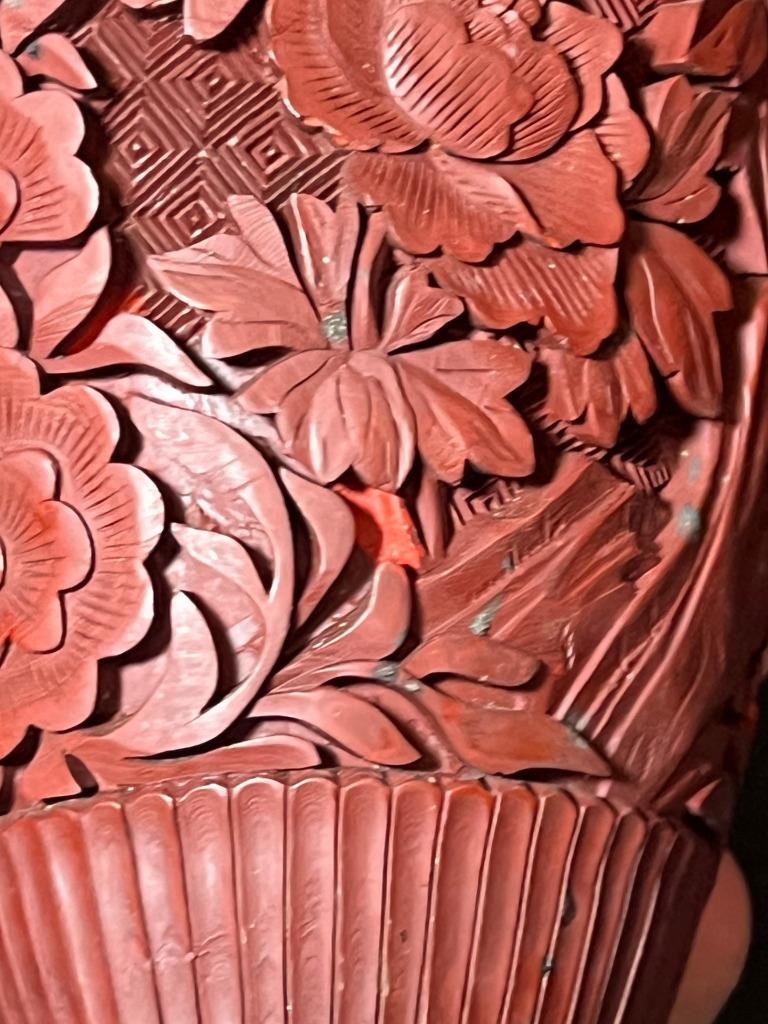 Old Chinese Antique Hand Carved Cinnabar Red Lacquer Vase Urn QING Blue Enamel