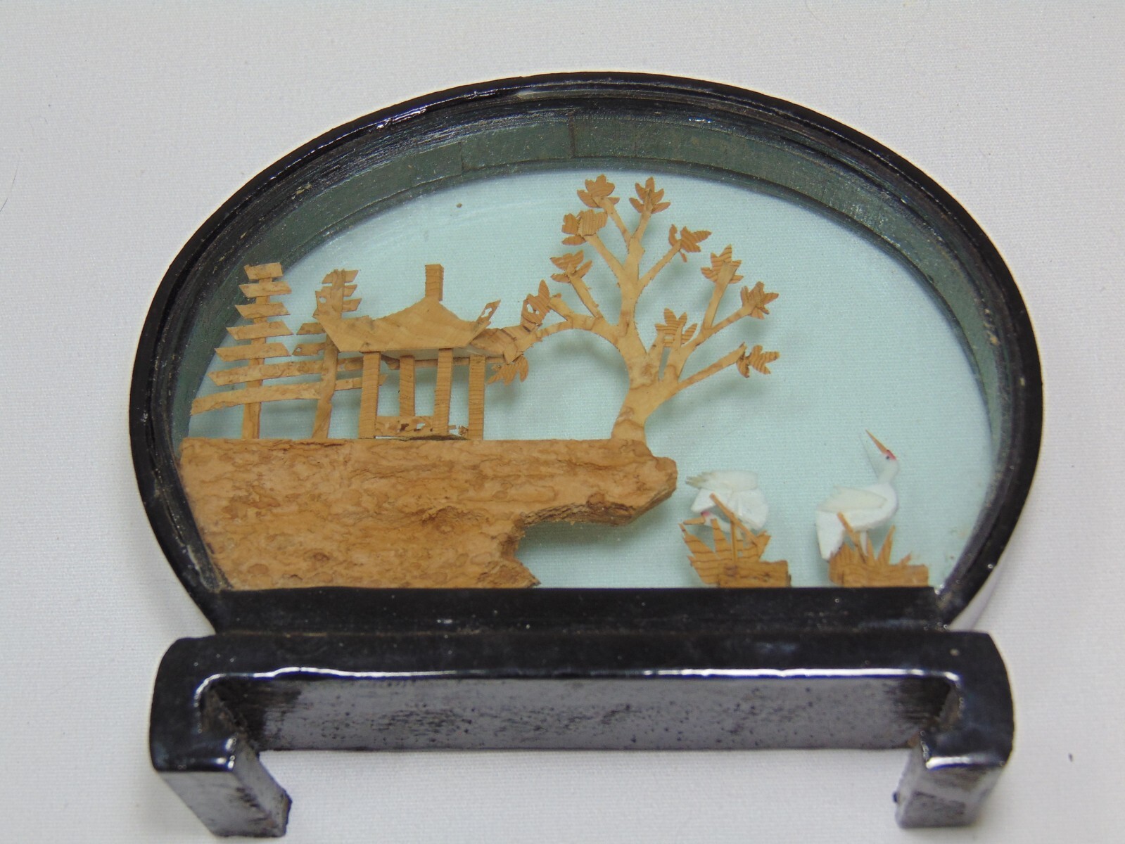 Hand Carved Vintage Cork Diorama Asian Crane Pagoda Trees Art Glass Chinese