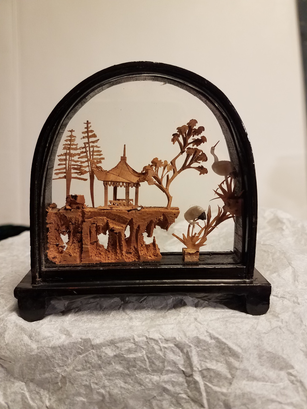 Chinese Lacquered Arched, Hand Carved Cork Diorama, Pagoda Trees Cranes