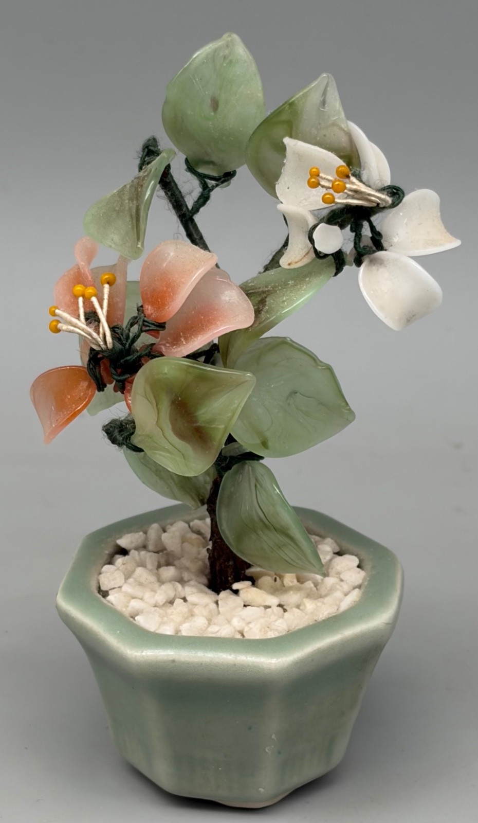 Vintage Miniature Chinese Bonsai Tree Carved Flowers & Leaves Jade 5 1/4″