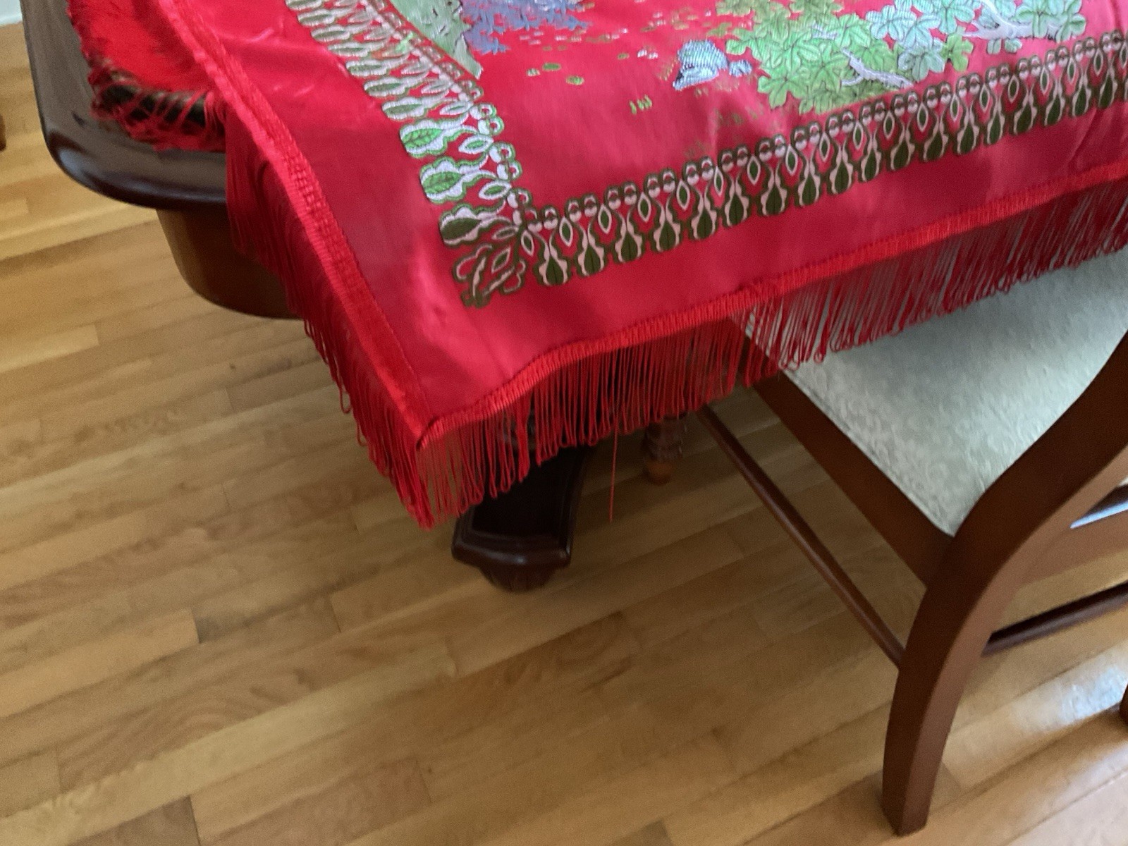 Vintage Brocaded Flowers brand Chinese Red Silk Tapestry Tablecloth 80″x54″