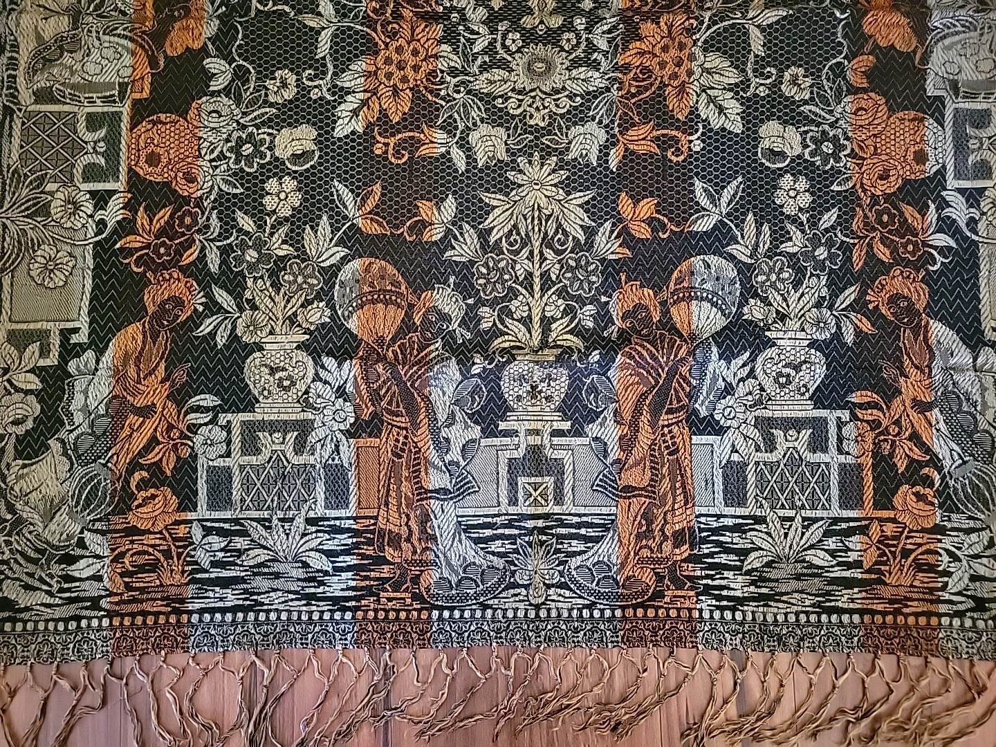Vintage Asian Brocade Floral Silk Tapestry Bedcover Fringe Double Sided