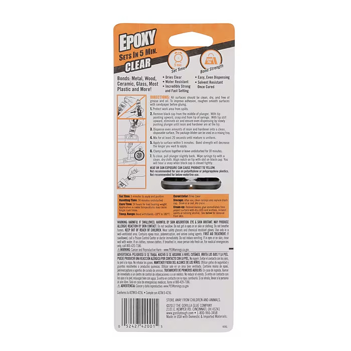 Gorilla Epoxy Clear Adhesive Syringe 0.85 oz Choose Pack of 3 5 10