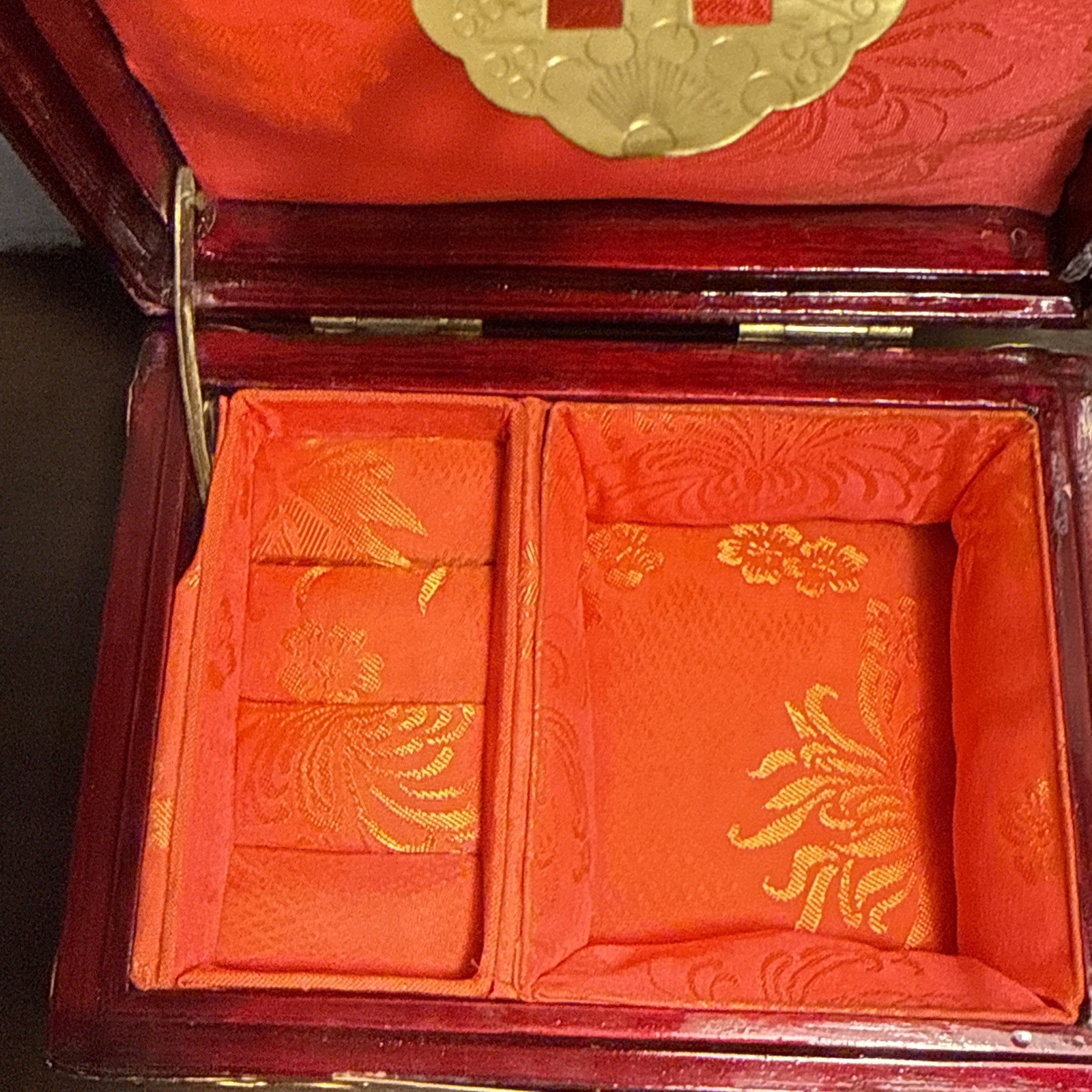 Antique Chinese White Jade & Brass Fittings Wood Jewelry Box Red Lining u-11D