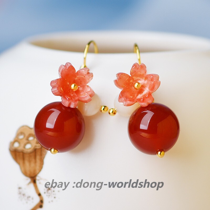 China Agate/Coloured Glaze Flower Tibetan Style Exquisite Earbob Earrings