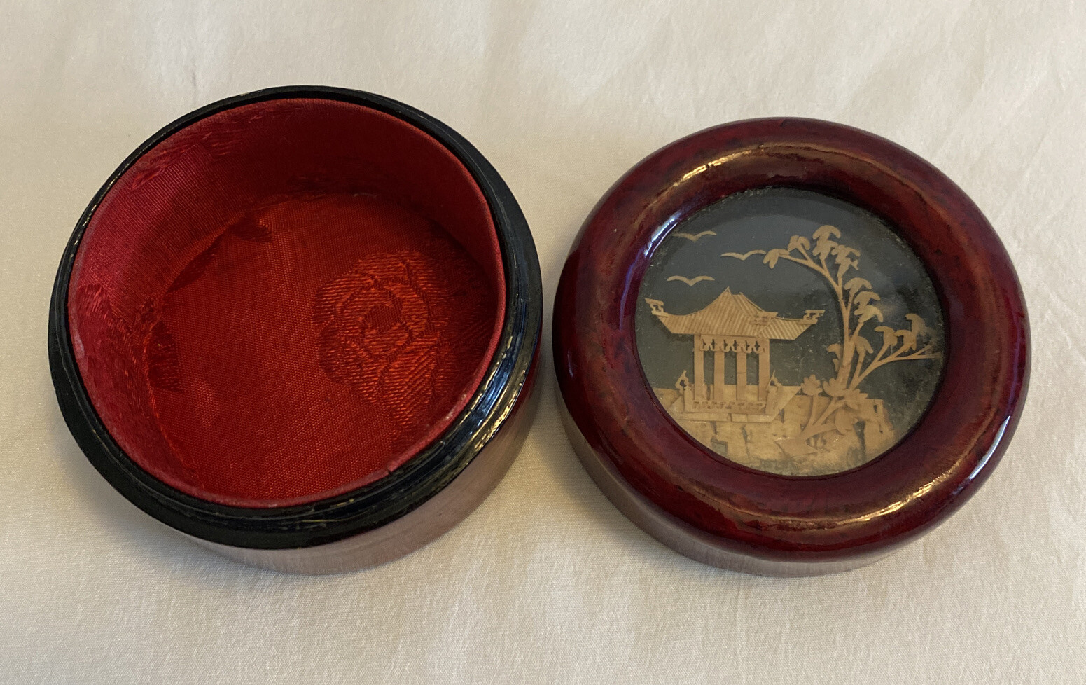 Vintage Wooden Trinket Box with Carved Cork Inlay in the Lid Lined with Red Silk