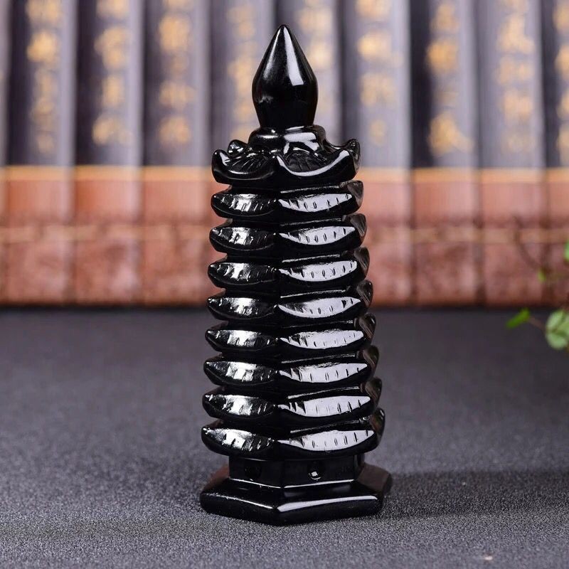 10cm Natural Obsidian Wen Chang Pagoda Feng Shui Ornament for Study Career