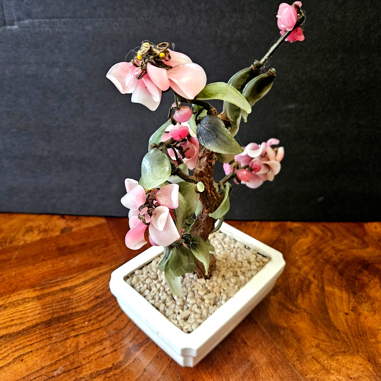 Vintage 9″ Tall Carved Jade & Cherry Blossom Flowered Bonsai Tree/3.5″x 4.5″ Pot