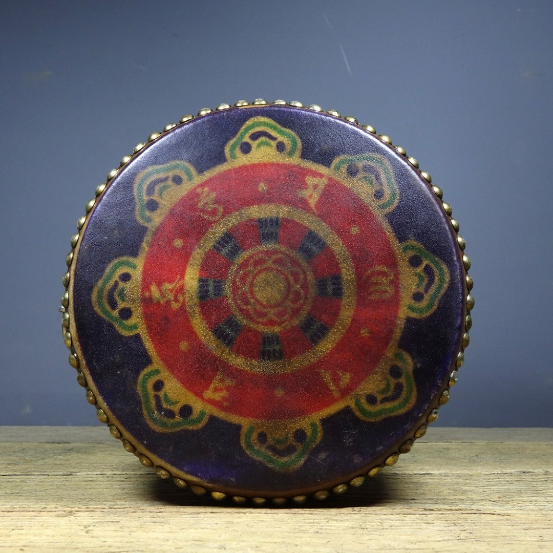 Vintage Hand Painted Cowhide Drum Tibetan Dharma Wheel Decor 25cm