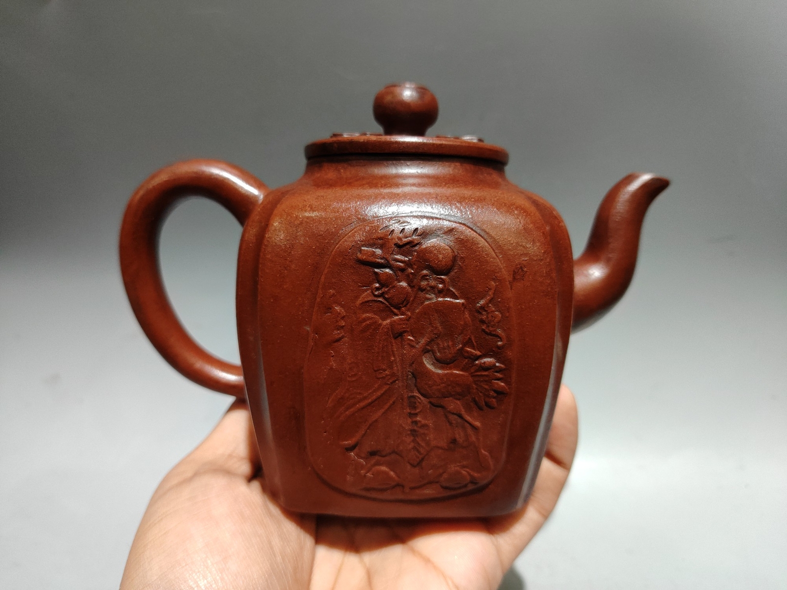6.3″ Collect Chinese Zisha Pottery Red Clay Hand-made 360CC Longevity God Teapot