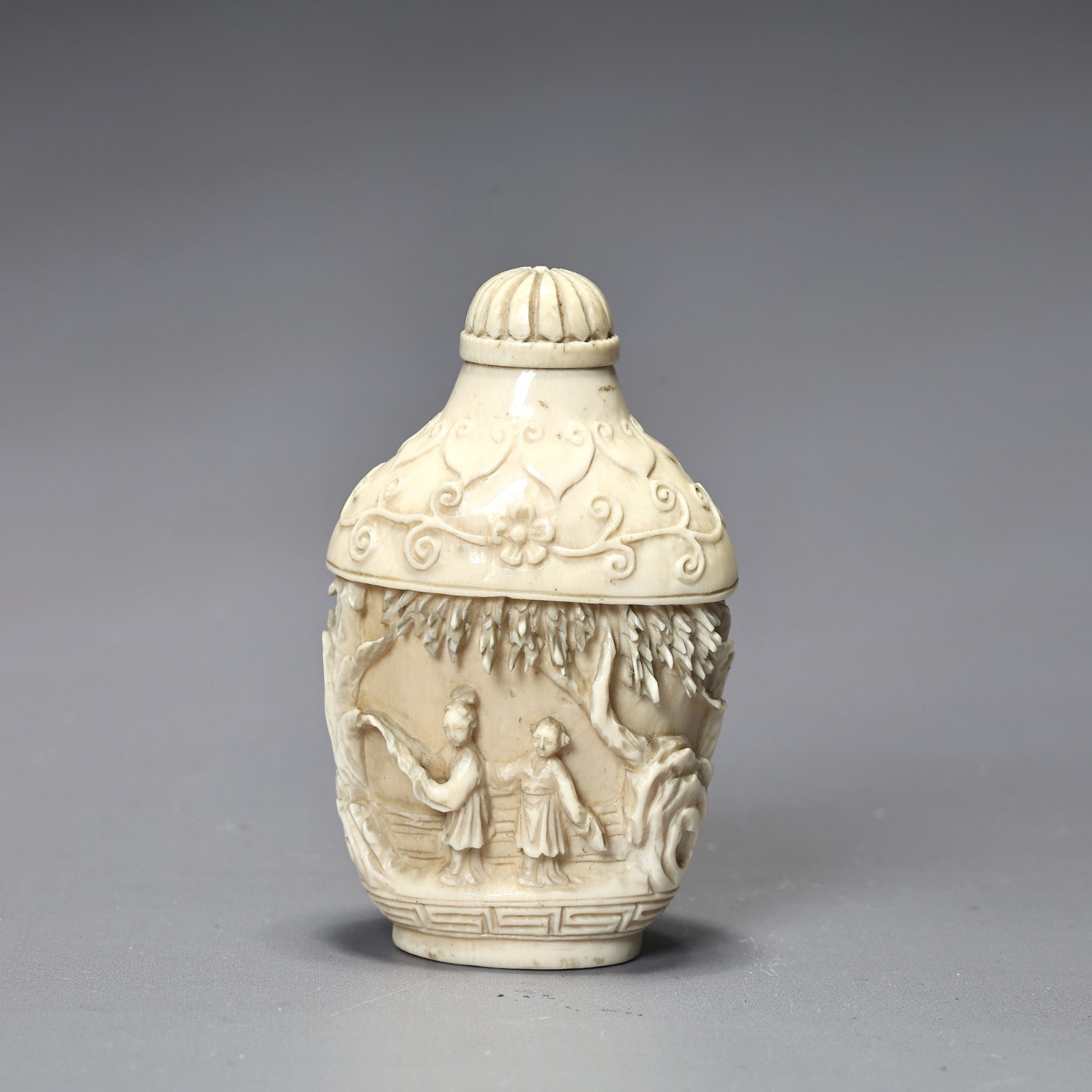 Vintage Hand Made White Carved Snuff Bottle With Figurine