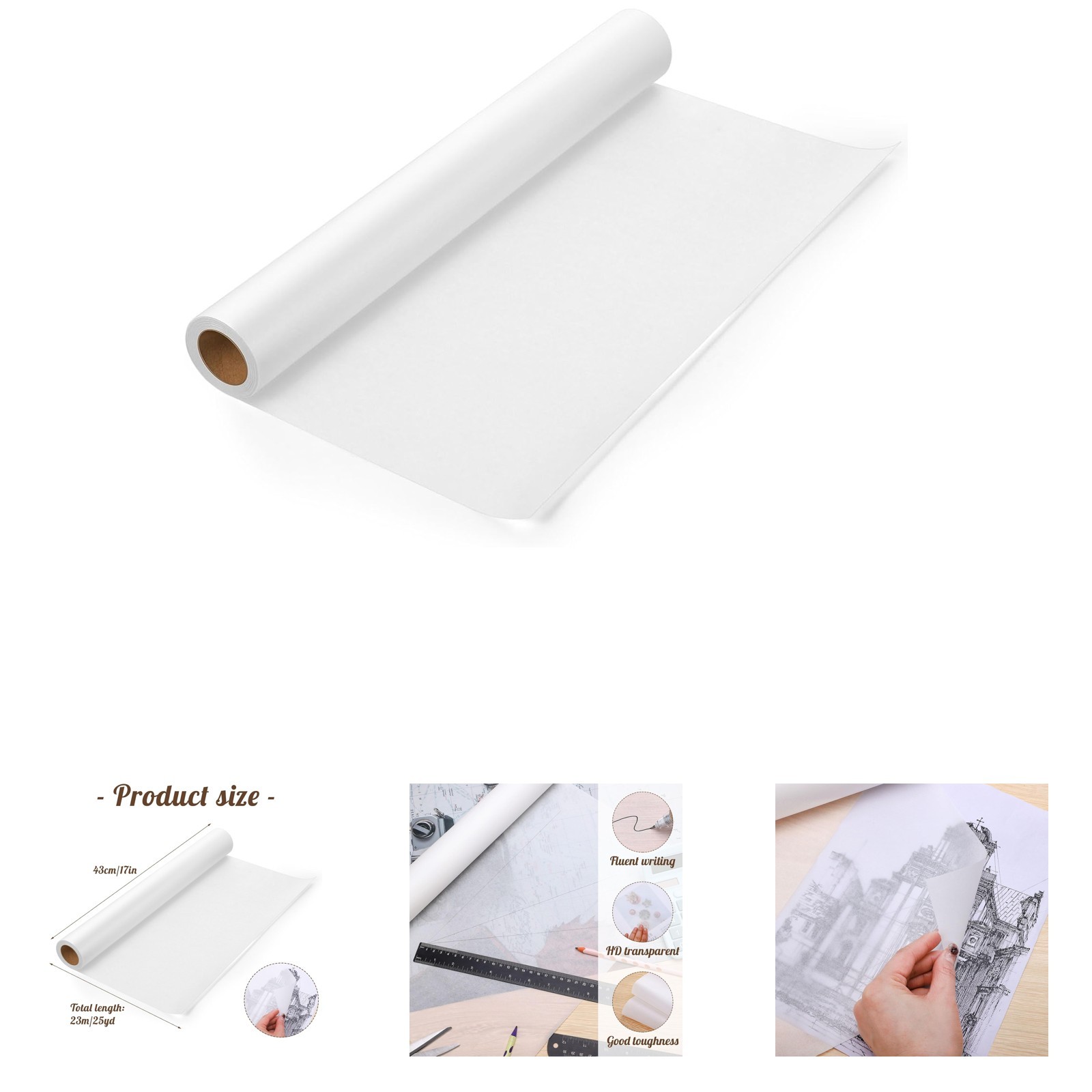 Tracing Paper Roll 17 Inch x 25 Yard White Pattern Paper Translucent for Sewing