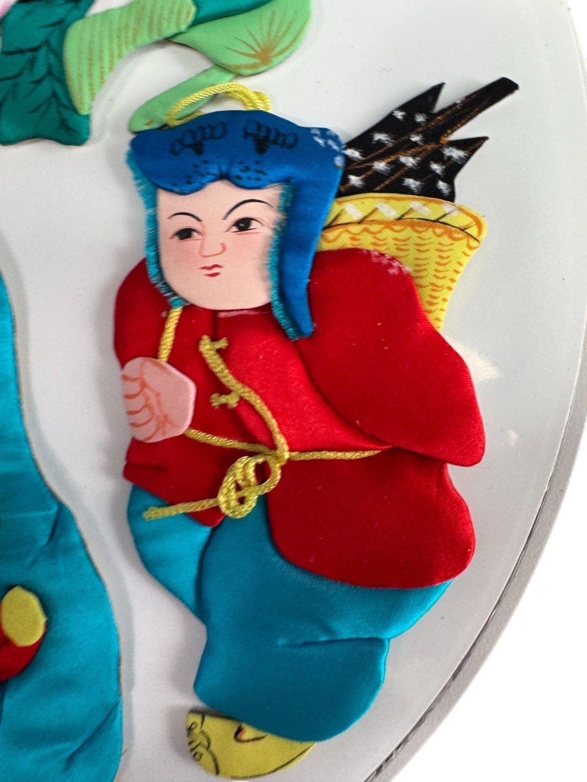 Set Of 6 Vintage Chinese Silk & Cardboard Ornaments Folk Figures 6″ No Box