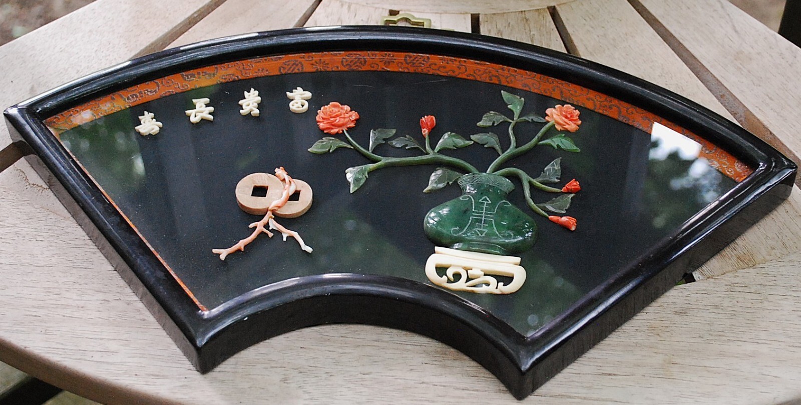 Vtg 17″ Chinese JADE & CORAL Wall Art Flowers/Vase FAN SHADOW BOX FRAME W Glass