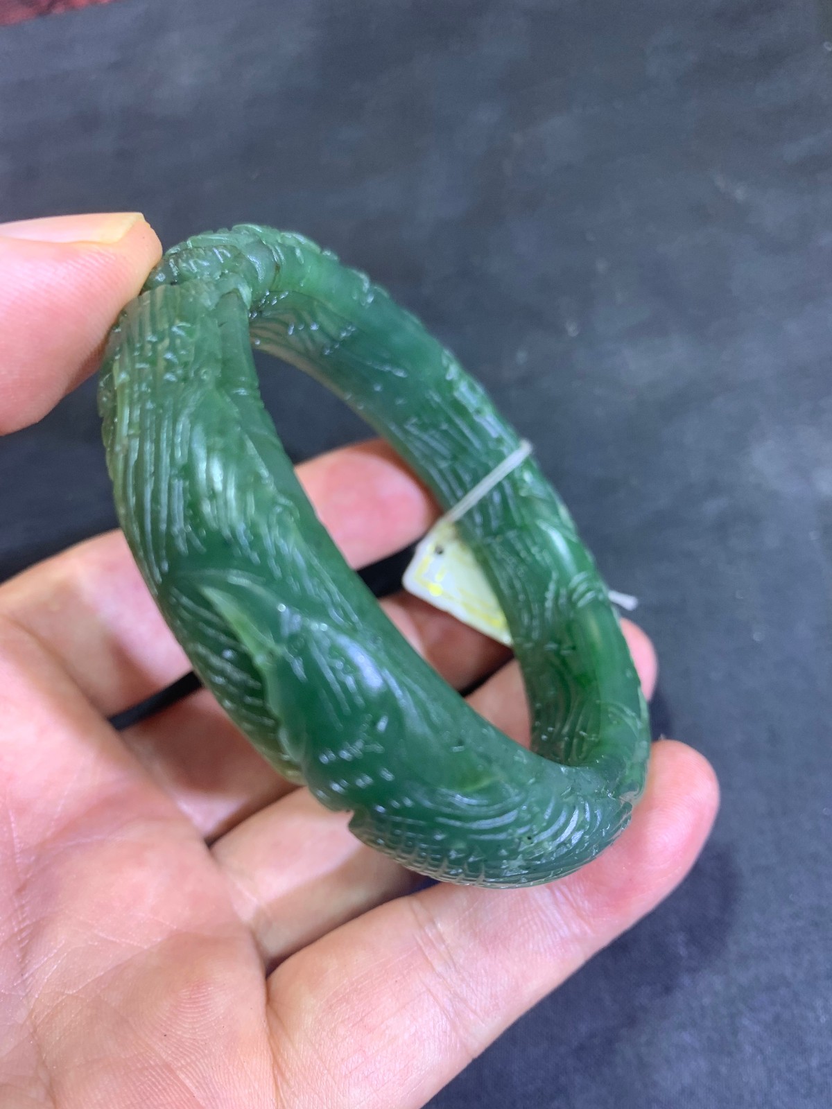 Rare Chinese HeTian Green Jade Hand Carved *Phoenix/Flower* Bangle Bracelet
