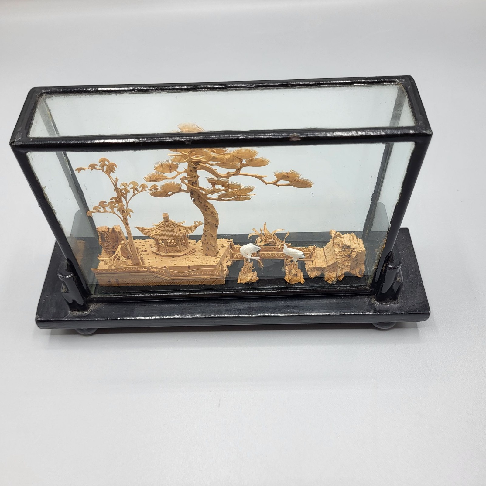 Vtg Chinese Hand Carved Cork Diorama Cranes Black Lacquer Art Stand 5″ x 7.75″