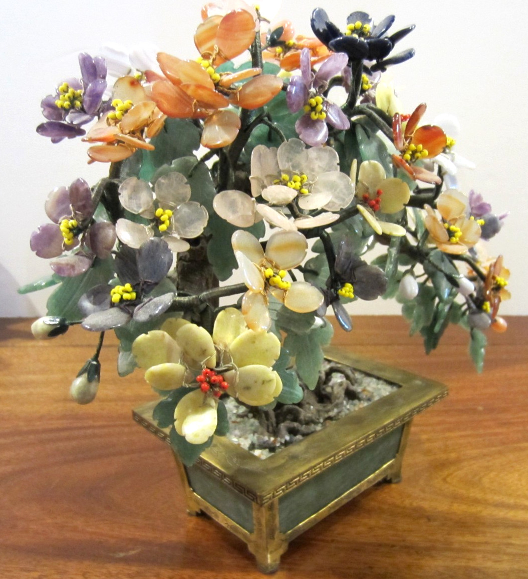 large jade/stone bonsai tree with many flowers of jade, agate, amethyst,& others