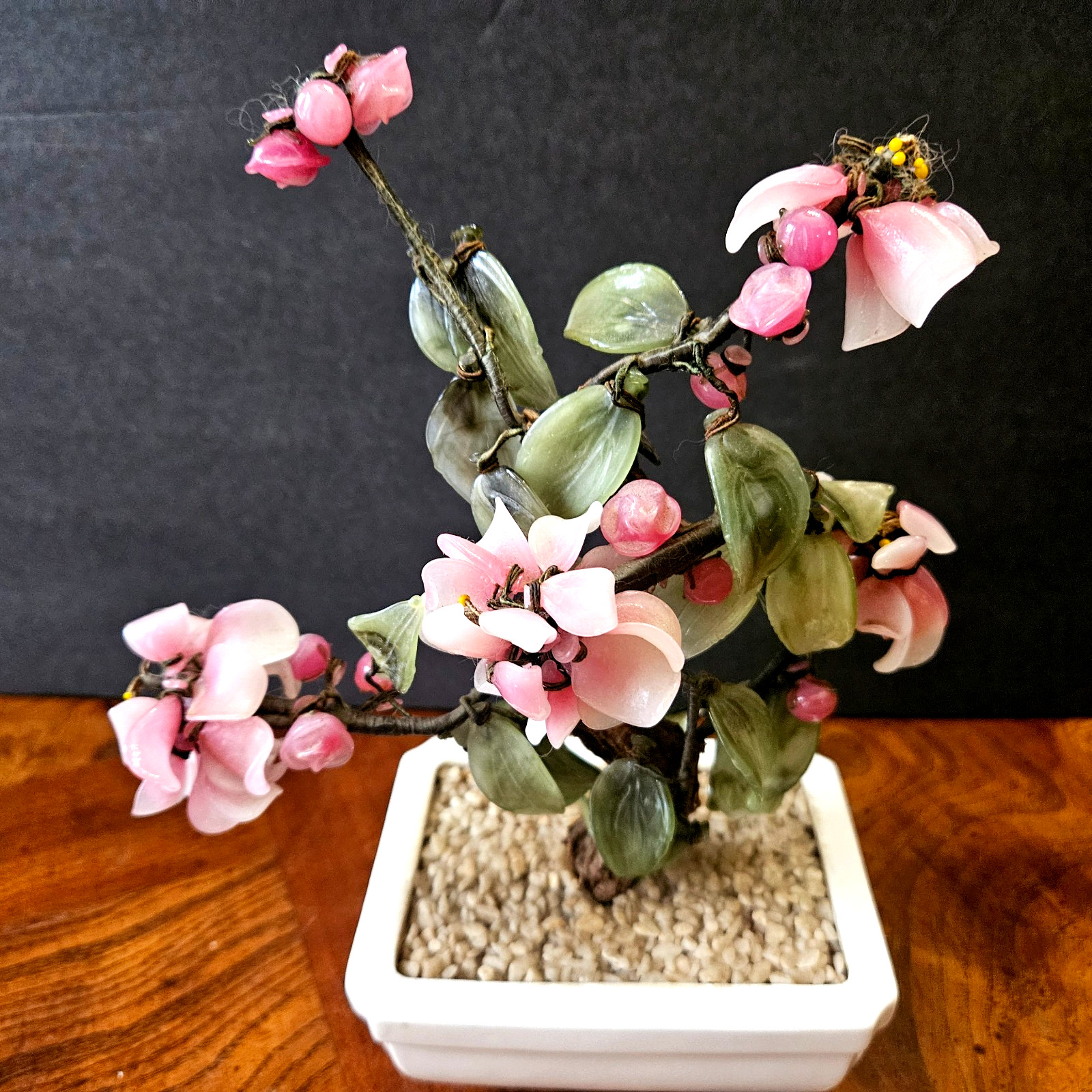 Vintage 9″ Tall Carved Jade & Cherry Blossom Flowered Bonsai Tree/3.5″x 4.5″ Pot